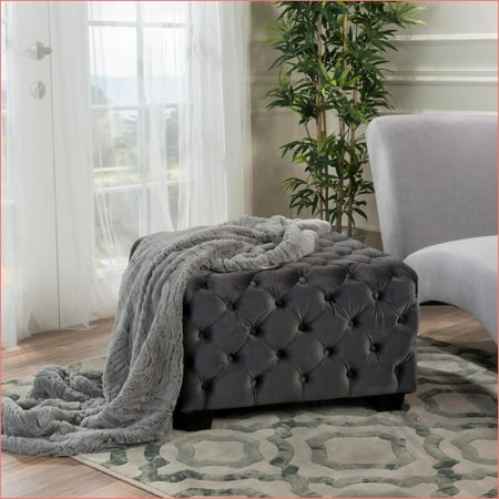 Modern Glam Button-Tufted Ottoman | 29” Square | Light Gray Velvet | Foot Stool