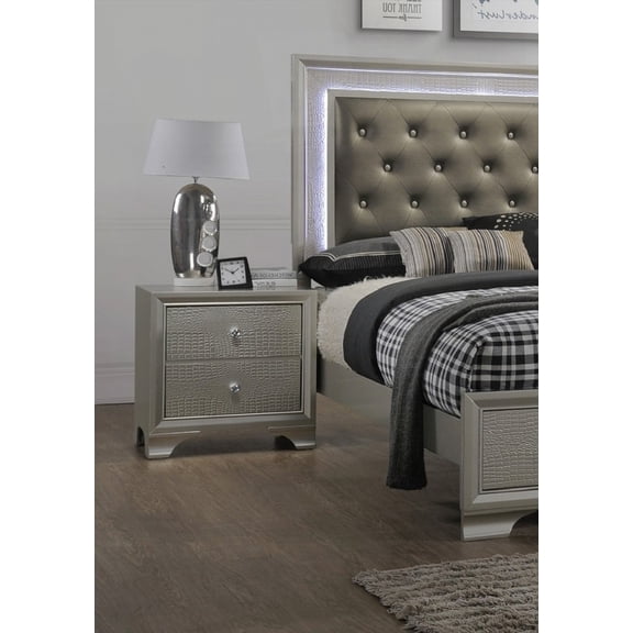 Modern Glam Champagne 2-Drawer Nightstand with Crocodile Emboss