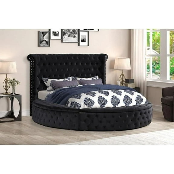 Modern Glam Eastern King Round Storage Bed, Velvet Tufted Platform Circle Bed, Luxure Bedroom Furniture, Black