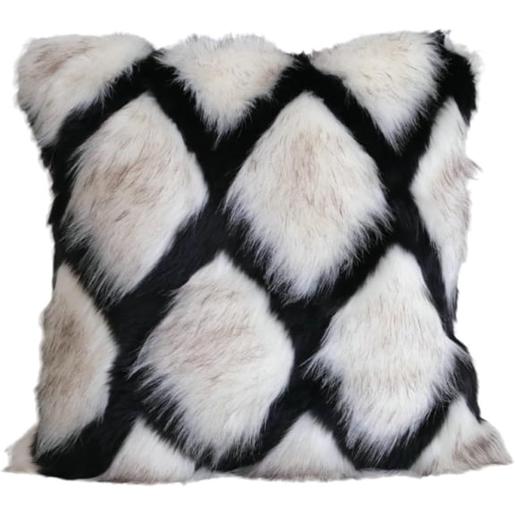 Modern Glam Faux Fur Throw Pillow Cover – Black and White Diamond Pattern, Soft Plush Cushion Case with Hidden Zipper, Decorative 18×18 Inch Pillow Cover Only (Insert Not Included)