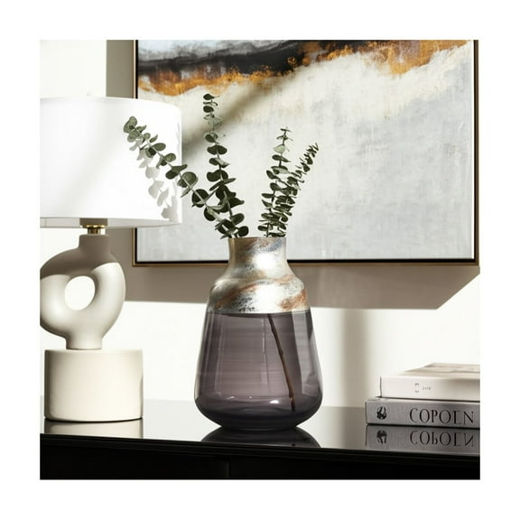 Modern Glam Glass Vase - Handcrafted Decorative Accent - Home & Office Decor - 12" Gray & Silver