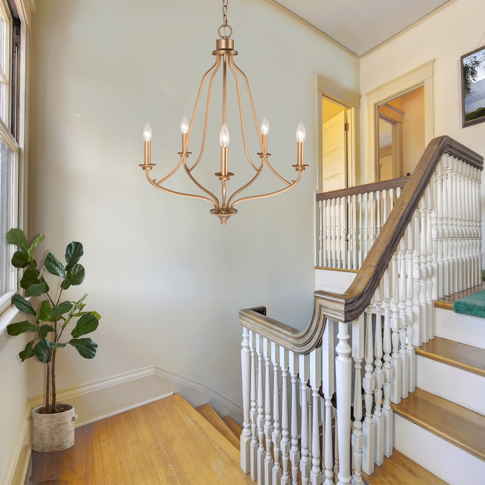 Gold 5-Light Mid-Century Modern Candle Chandelier