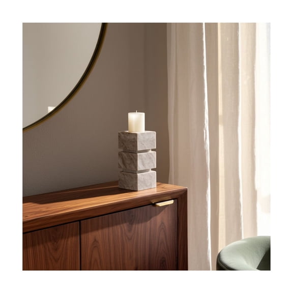 Modern Glam Marble Pillar Candle Holder - Handcrafted Stone Candle Stand for Home & Office Decor - Elegant Tabletop Accent - 8" Ivory & Tan