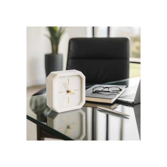 Decorative Marble Octagon Clock for Living Room Decor - Smal Desk Clocks for Office, Console Table, and Mantel - Home Decor Accent for Bedroom, Dorm, and Kitchen Counter - 6", White & Gold