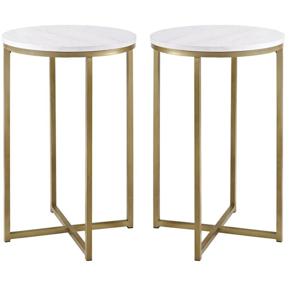 Urban Luxe Faux Marble and Gold Metal X-Leg End Table Pair
