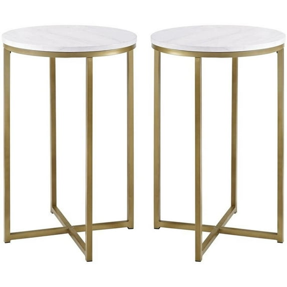 Modern Glam Metal-X-Leg End Table Set in Faux White Marble/Gold (Set of 2)