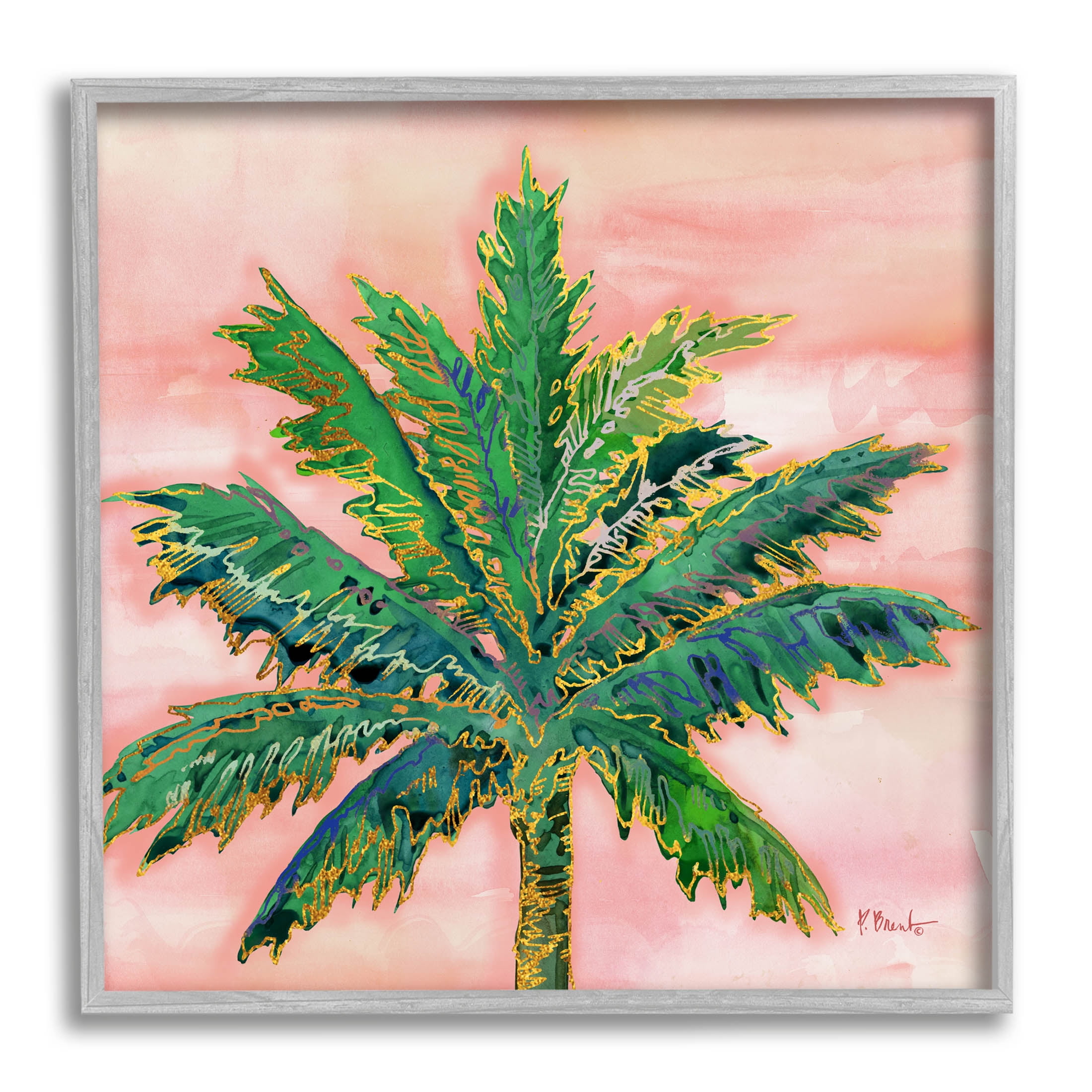 Modern Green Palm Tree Print on Canvas with Gray Frame, 17 x 17