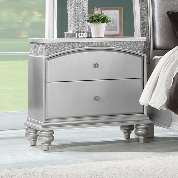 Modern Glam Platinum Nightstand with 2 Drawers & Sparkling Rhinestones