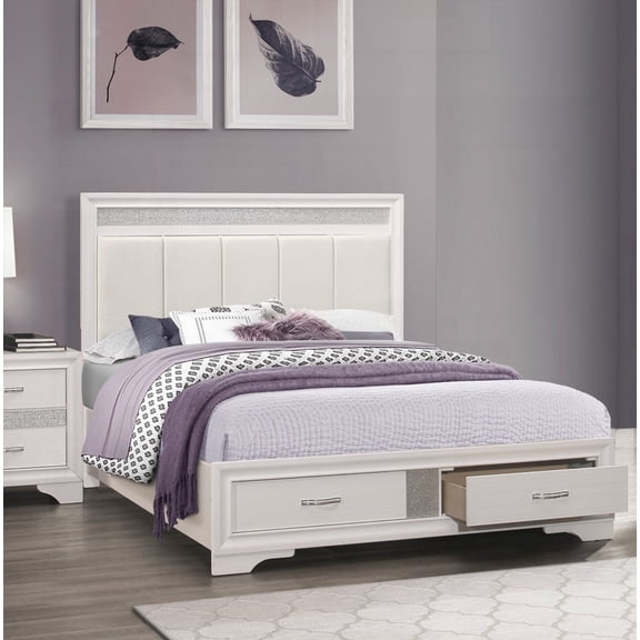 Modern Glam Queen Bed with Drawers & Leather Headboard|2-tone Finish