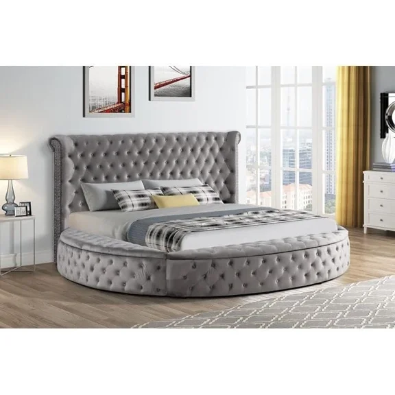 Modern Glam Queen Size Round Storage Bed, Velvet Tufted Platform Circle Bed, Luxure Bedroom Furniture, Gray