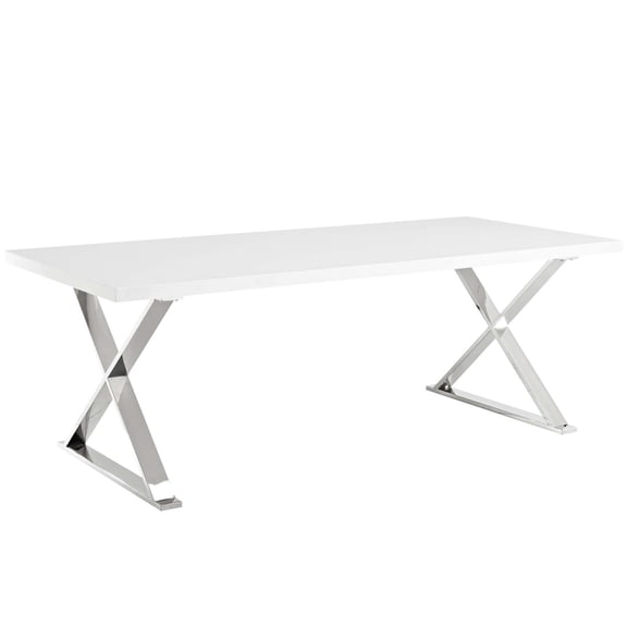 Modern Glam Rectangular Dining Table, 86" White Top  - Polished Stainless Steel X Cross Base