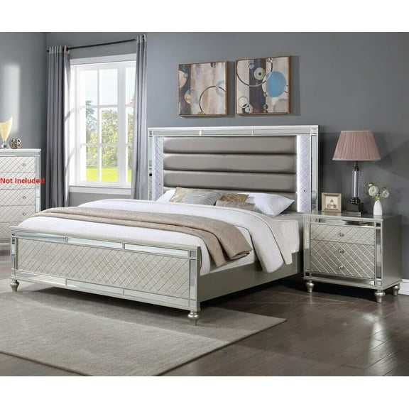 Modern Glam Style 3pc Queen Size Upholstery LED Bed and Nightstands Wooden Master Bedroom Furniture Set