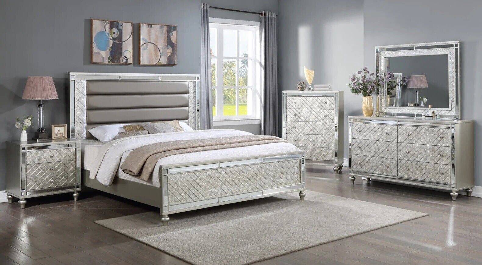 Modern Glam Style 4pc Queen Size Upholstery LED Bed Dresser Mirror Nightstand Wooden Master Bedroom Furniture Set