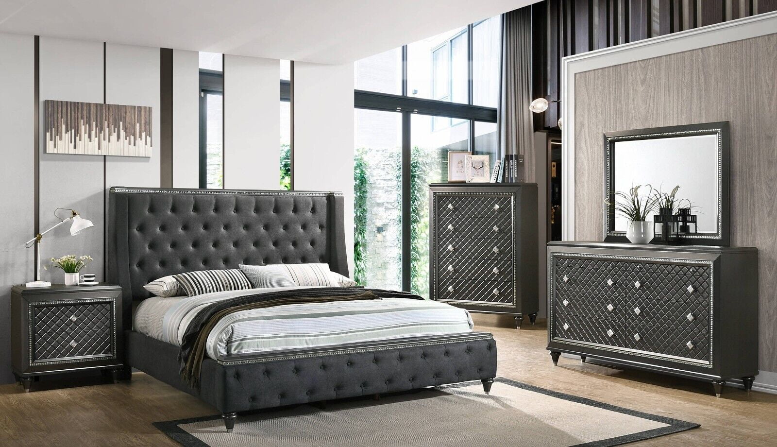Modern Glam Style 5pc King Size Bedroom Set Grey Upholstered Panel Bed ...