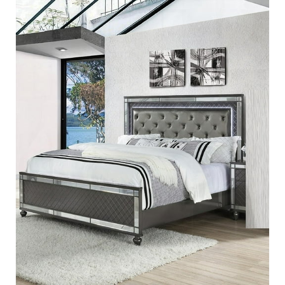 Modern Glam Style Upholstered Queen Size Headboard with LED Lights and X-Shaped Accent Design, Gray Faux Leather Finish, Solid Wood