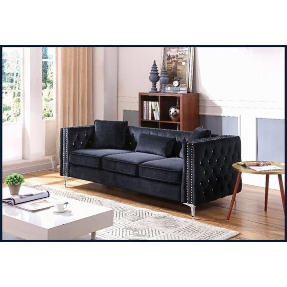Modern Glam Tufted Black Sofa – Kiln-Dried Hardwood Frame, Easy Assembly for Small Spaces