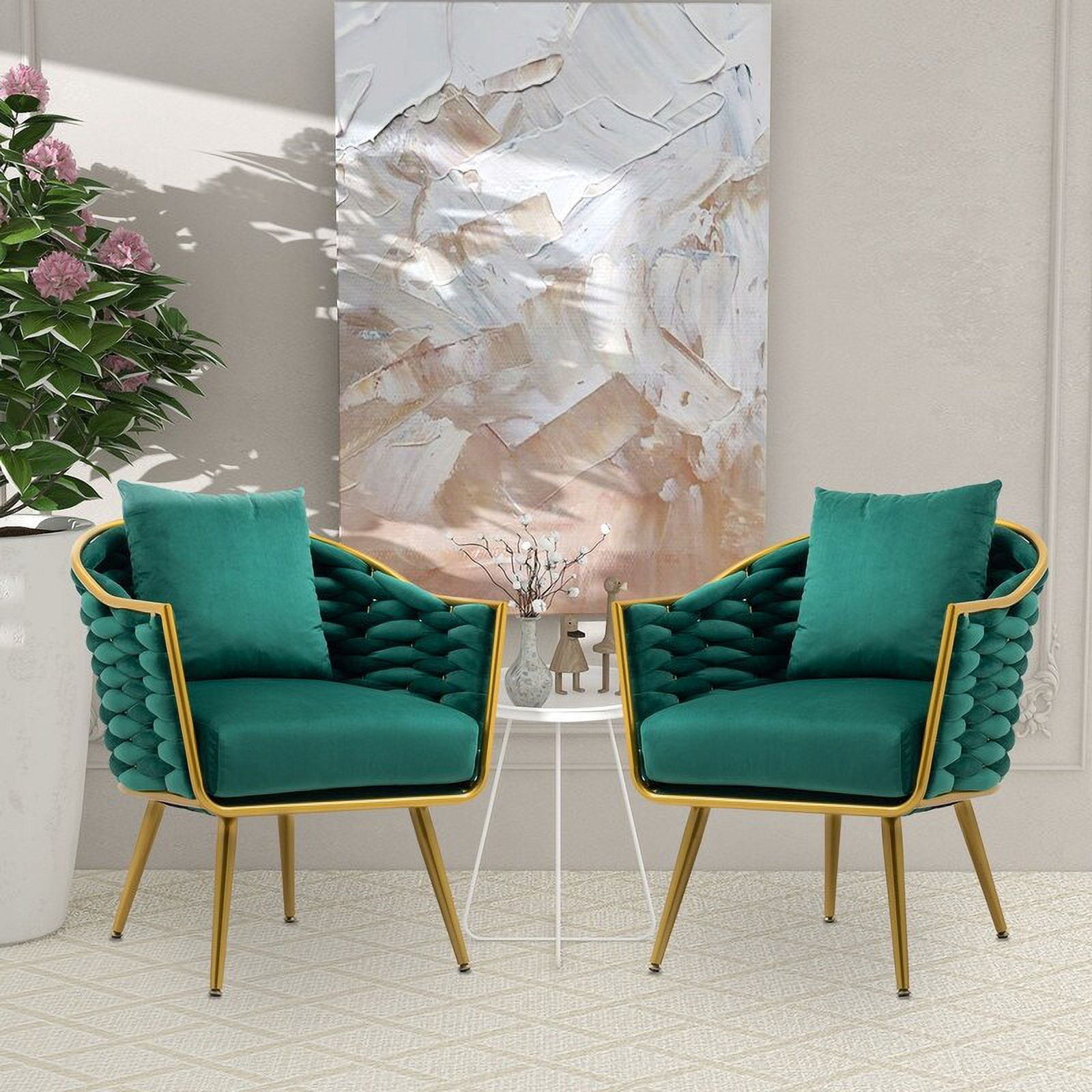 Modern Glam Velvet Upholstered Tufted Accent Chair Set of 2 with Metal Legs Green
