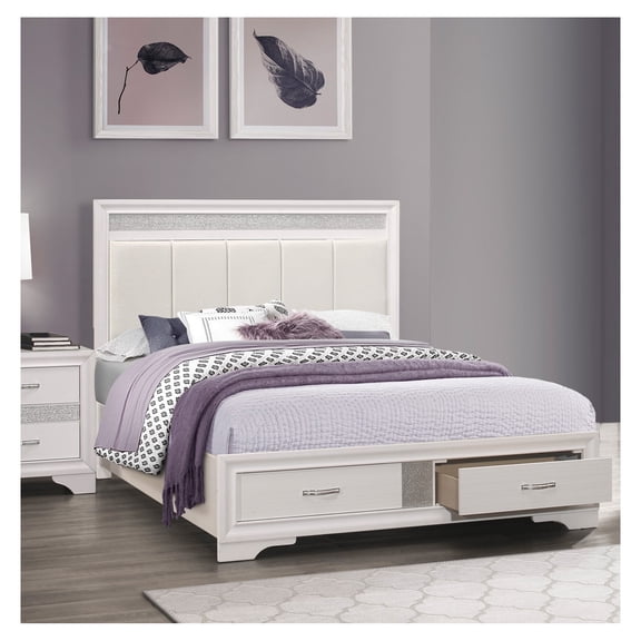 Modern Glam White Queen Platform Bed with Drawers, Upholstered Headboard, Silver Glitter Accent, Box Spring Not Required