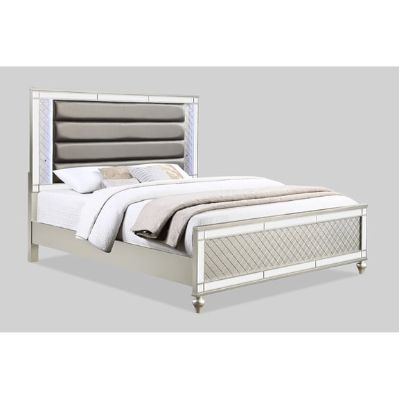 Modern Glamorous King Size Bed With Champagne Finish And Slat Panel Upholstered Side Rails