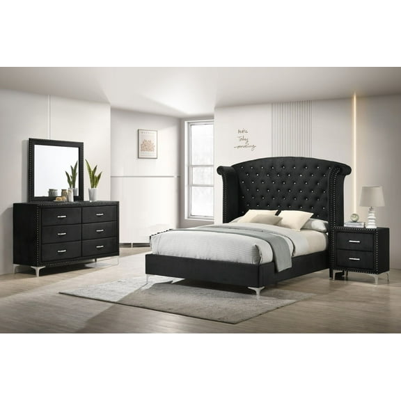Modern Glamourous Style 4pc Queen Size Bed Dresser Mirror Nightstand Bedroom Set Black Velvet Upholstery Furniture