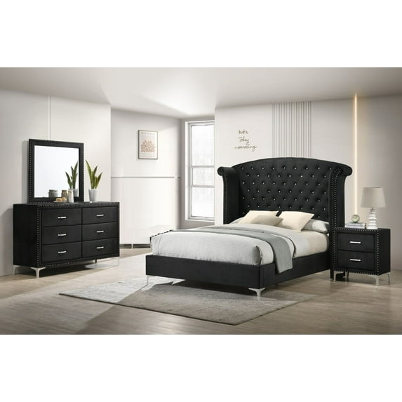 Modern Glamourous Style 4pc Queen Size Bed Dresser Mirror Nightstand Bedroom Set Black Velvet Upholstery Furniture
