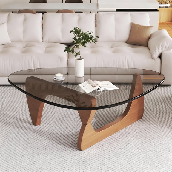 Modern Glass Coffee Table, 35.8" x 25.6" x 15.7" Mid Century Modern Coffee Table, Sleek Coffee Tables, Suitable for Bedroom Living Room Reception Office Tables, Walnut