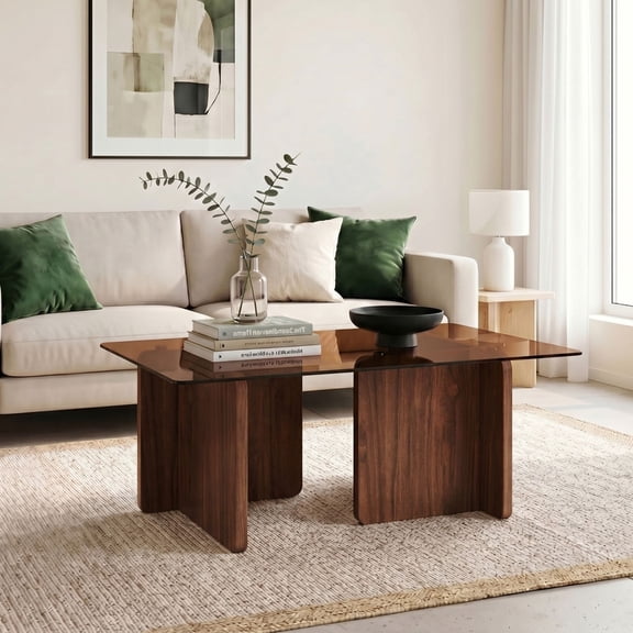 Modern Glass Coffee Table, 39.4 Inches Rectangular Center Tables for Living Room, Coffee Table with Wood Cross Base Easy Assembly, Walnut