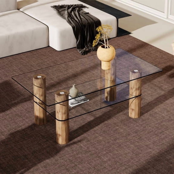 Modern Glass Coffee Table, Rectangle Tempered Glass Table for Living Room, 2-Tier Center Table with Solid Wood Legs, Stylish Design Versatile,Natural