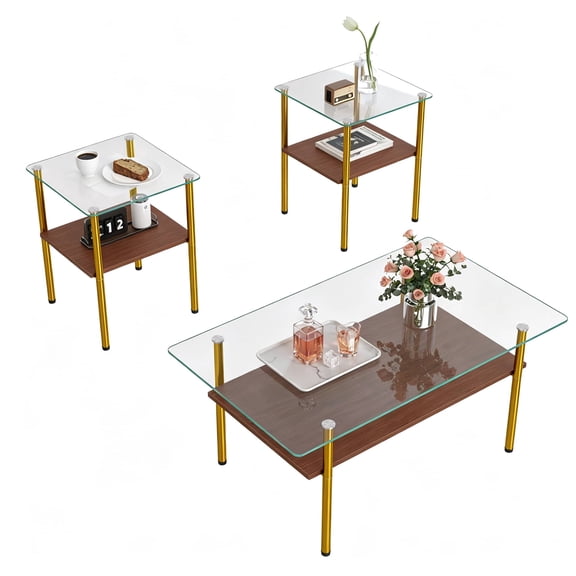 Modern Glass Coffee Table Set of 3, Rectangular Tempered Glass Top with Wood Shelf, Gold Metal Legs, 3-Piece Center and End Tables for Living Room, Easy to Clean, Mid-Century Style