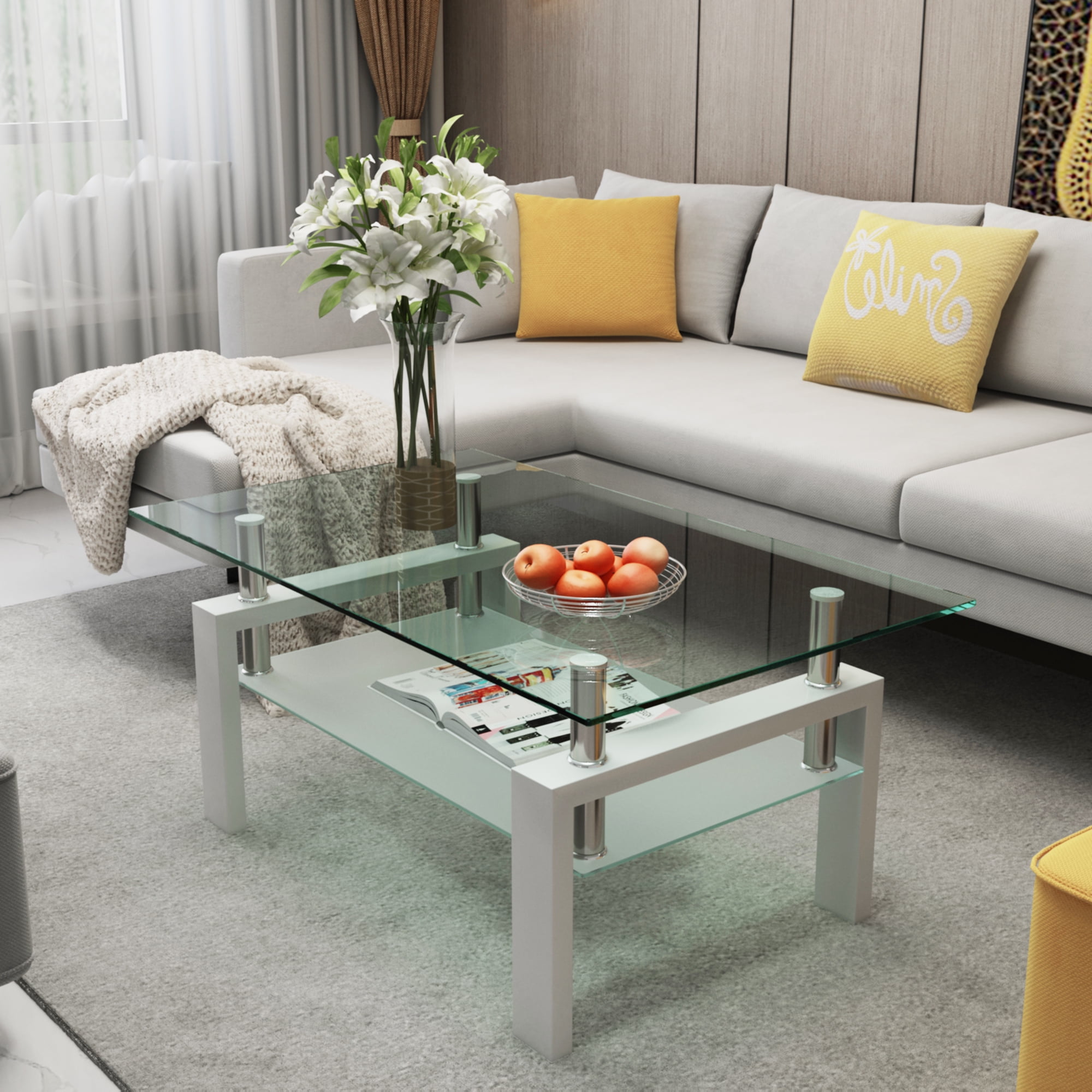 Modern Glass Coffee Table with Metal Legs & Lower Shelf, Leumius Clear Rectangle Glass Coffee Table,Suitable Home Furniture for the Living Room