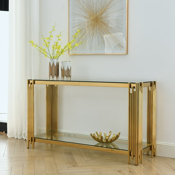 Modern Glass Console Table, 55" Gold Sofa Table With Sturdy Metal Frame And Clear Tempered Glass Top, For Living Room Entryway Bedroom, Gold Finish