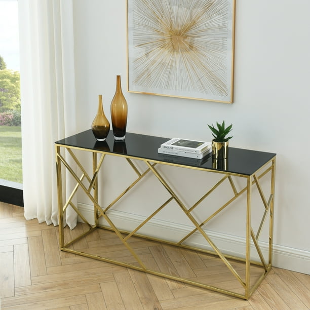 Modern Glass Console Table 55 Gold Sofa Table with Sturdy Metal Frame and Black Tempered Glass Top for Living Room Entryway Bedroom Gold Finish Walmart Business Supplies