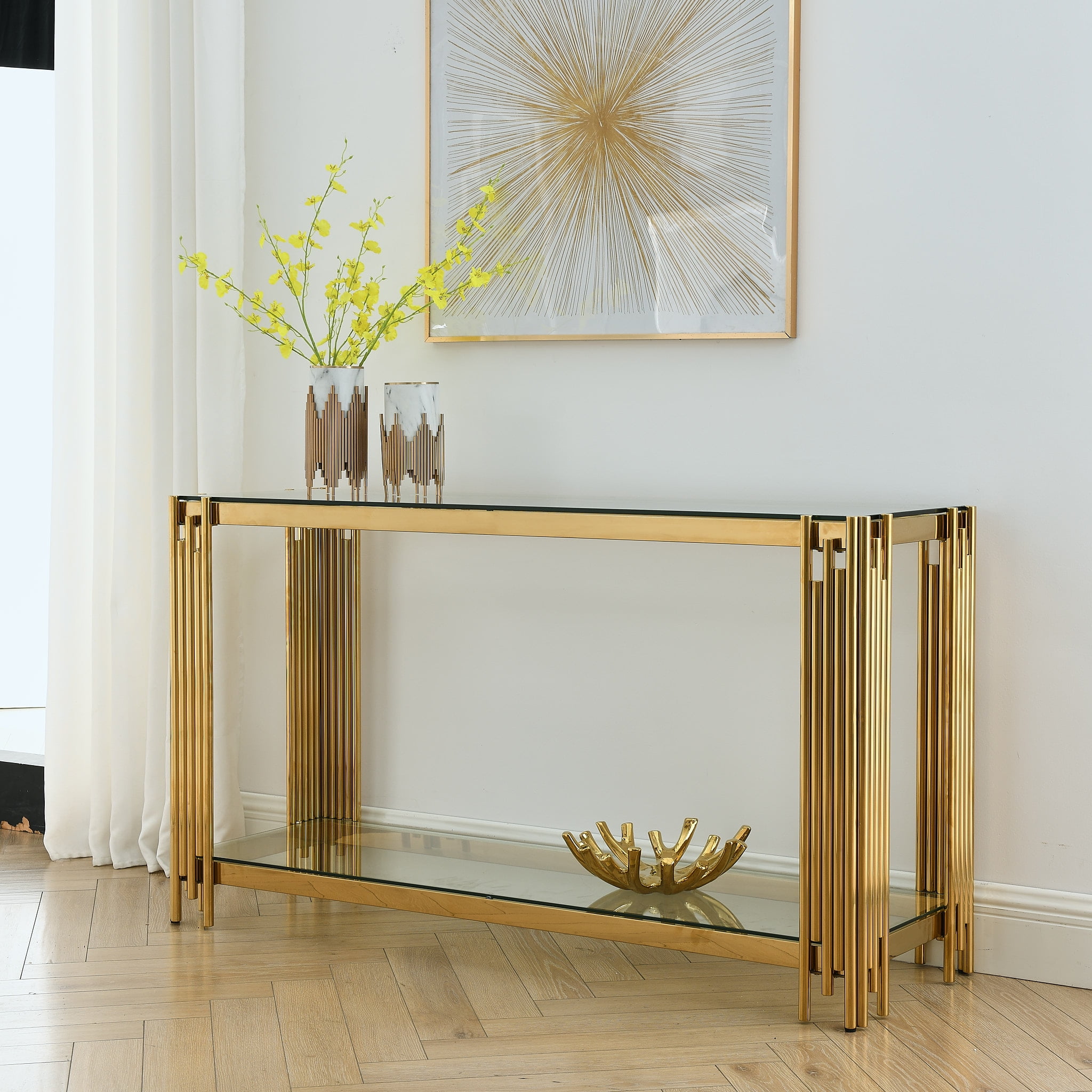 Modern Glass Console Table, Sofa Table with Sturdy Metal Frame and Clear Tempered Glass Top, for Living Room Entryway Bedroom