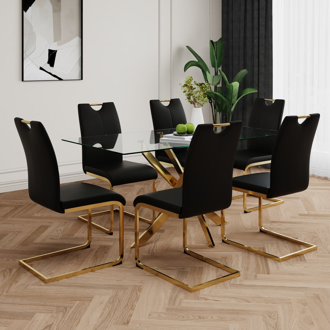 Modern Glass Dining Table and Chairs Set, Transparent Round Top with ...