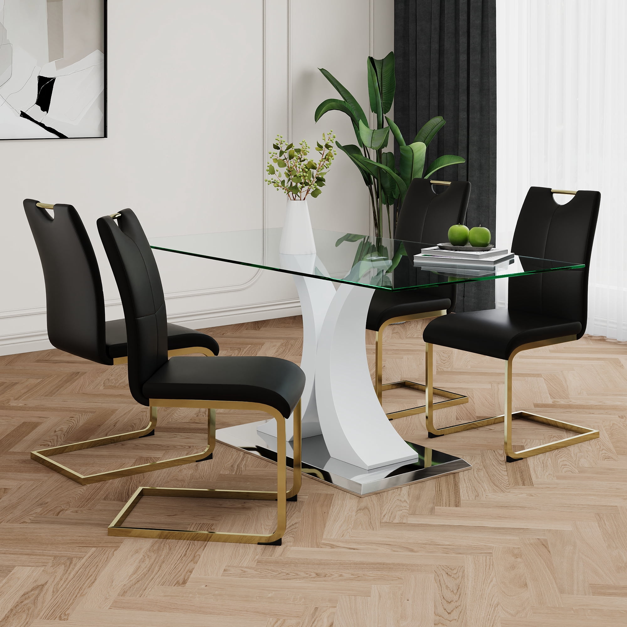Modern Glass Dining Table Set (5pc) - Black Table & Gold Chairs, 63 ...