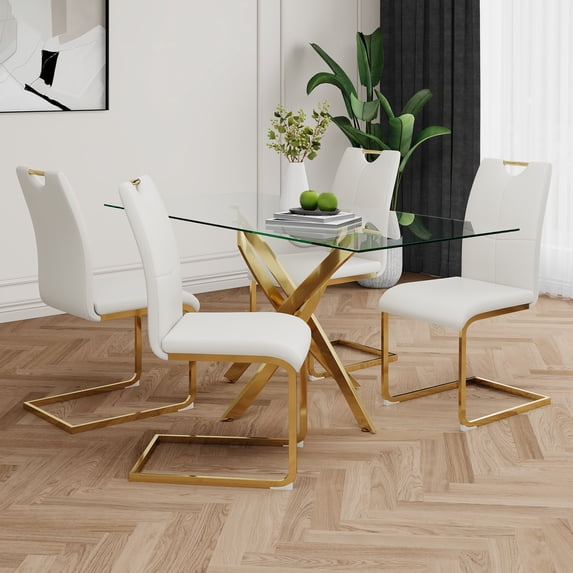 Modern Glass Dining Table Set (5pc) - Round White Table & 4 Gold Chairs, Kitchen/Restaurant. Tempered Glass Top, Metal Frame, Seats 4, Easy Assembly.