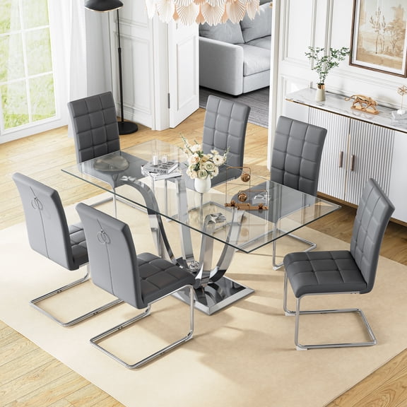 Modern Glass Dining Table Set of 7, 70" Rectangular Tempered Glass and U-Shaped Stainless Steel Base with 6 PU Leather Cantilever Chairs, for Kitchen, Living Room, Apartment