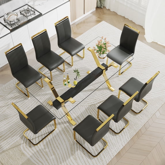 Modern Glass Dining Table Set 79" with 8 Black PU Chairs, Gold Legs, Rectangular, Home/Office. Tempered Glass Top, Metal Frame. Easy Assembly.