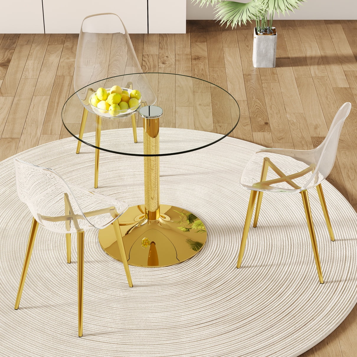 Modern Glass Dining Table and Chair Set, 35-Inch Transparent Round Table with Gold Accents & 4 Stackable Chairs for Kitchen/Living Room Dining