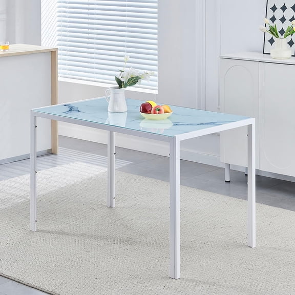 Modern Glass Dining Table for 6, Rectangular Kitchen Dinner Table, Small Space (47.24" White)