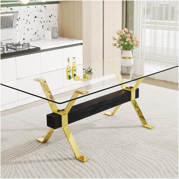 Modern Glass Dining Table with Gold Metal Legs for Kitchen and Office