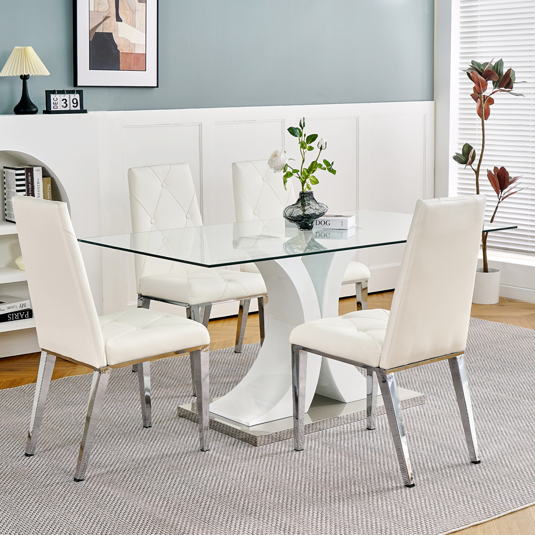 Modern Glass Dining Table with White Chair Set of 5, Transparent Design ...