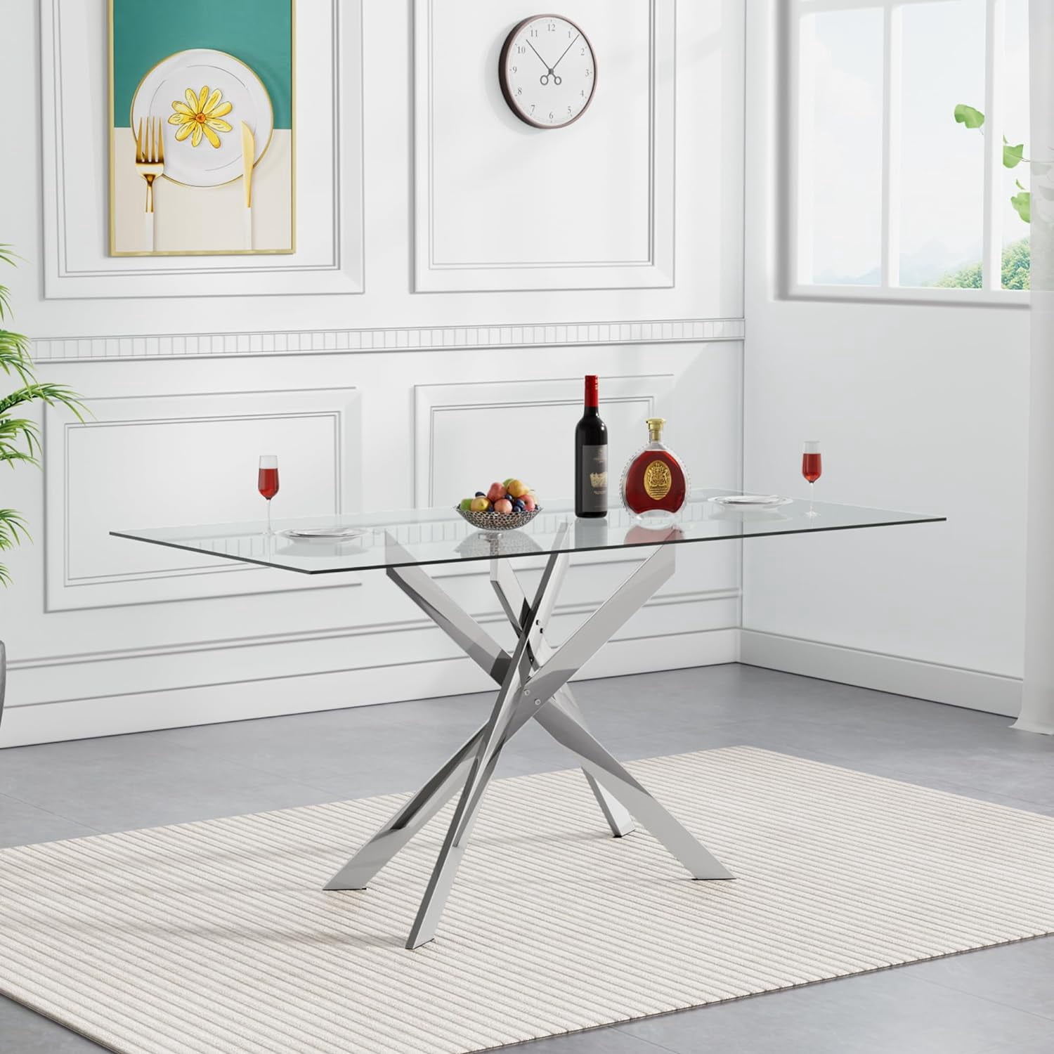 Modern Glass Dining Table with X-Design Metal Base for Dining Room ...