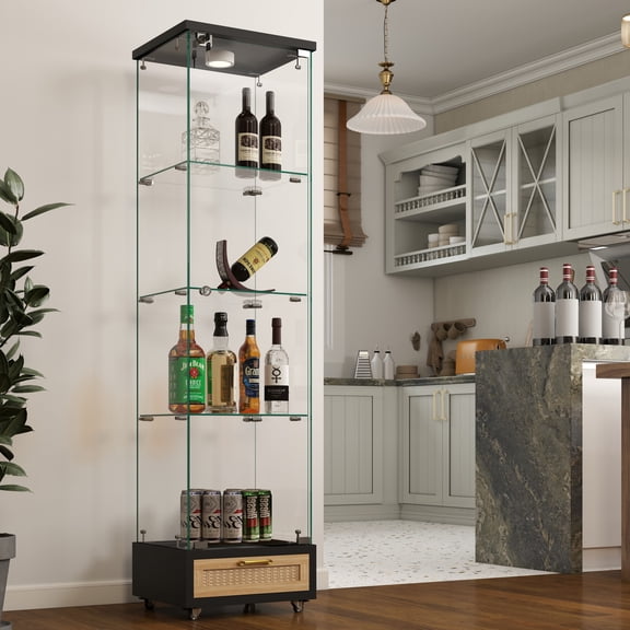 Modern Glass Display Cabinet - 1-Door Storage Case with LED Lights & Drawer for Living Room/Bedroom