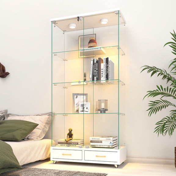 Modern Glass Display Cabinet with 2 Large Drawers , Quick-assembly Antique Cabinet with LED lights, Tempered Glass Bookshelf, 2-Door Storage Case with 4 Shelves