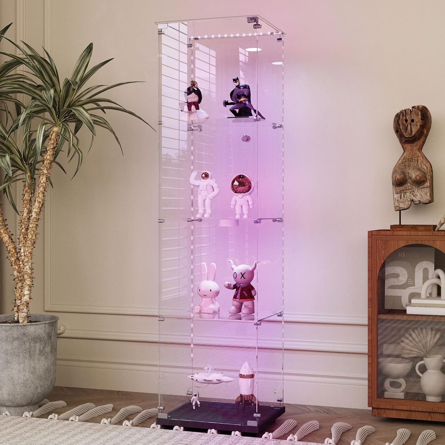 Modern Glass Display Cabinet 4-Shelf with LED Light, Lock and Wheels, 2 ...