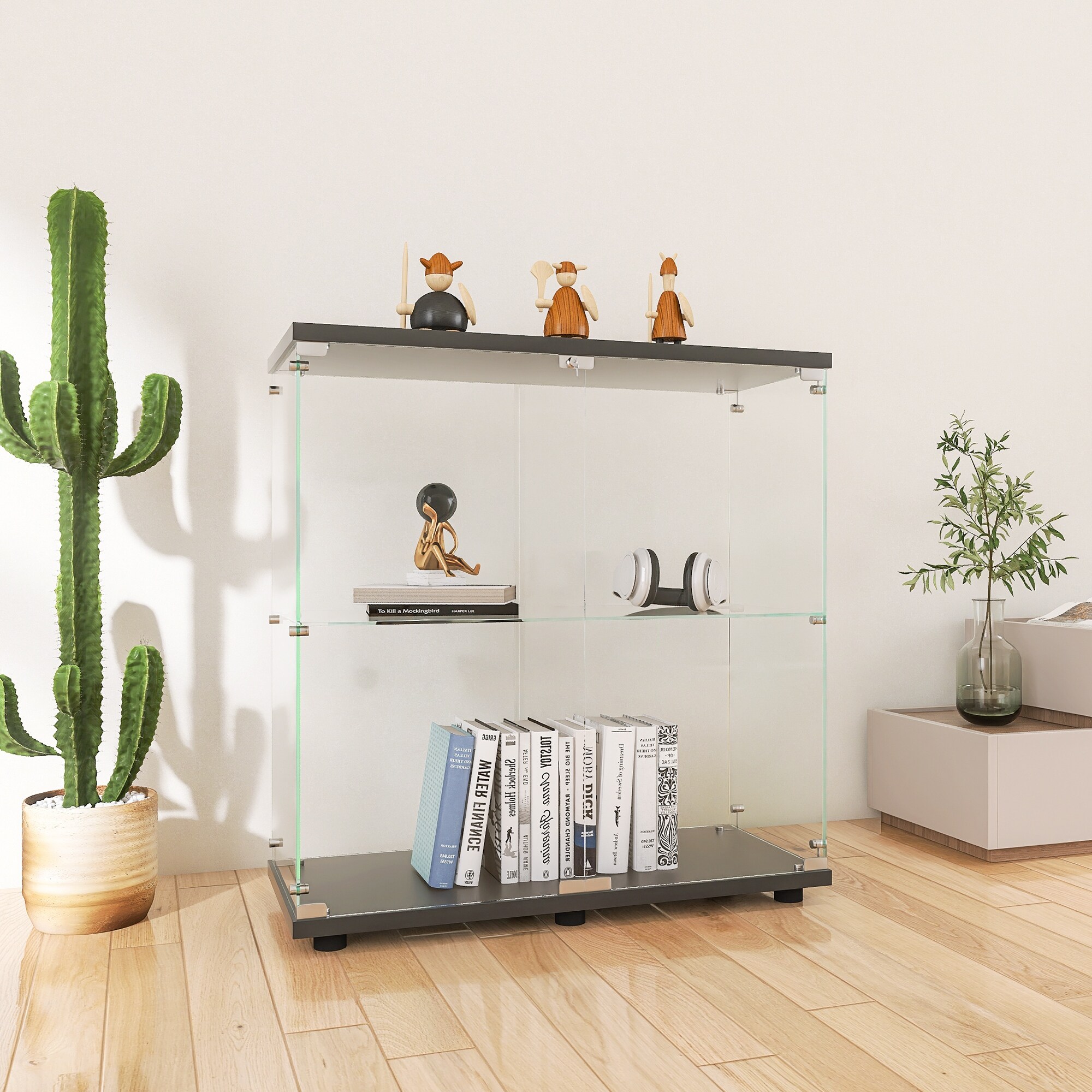 Modern Glass Display Curio Bookshelf with 2 Doors,Lock Black