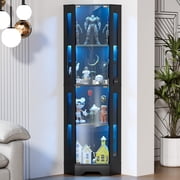 Modern Glass Display Cabinet for Dining Room   65-Inch Corner Curio Showcase with 4 Tiers, Glass Doors, LED Lighting & Motion detector   Storage for Collectibles, Figures, Toys, and Books   Black