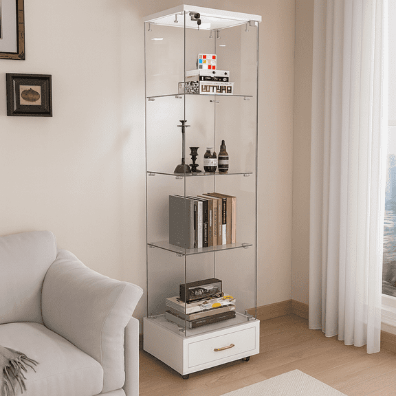 Modern Glass Display Cabinet with Drawer , Quick-assembly Antique Cabinet with LED lights, Tempered Glass Bookshelf, 1-Door Storage Case with 4 Shelves for Living Room and Bedroom, White