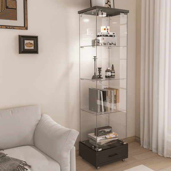 Modern Glass Display Cabinet with Drawer , Quick-assembly Antique Cabinet with LED lights, Tempered Glass Bookshelf, 1-Door Storage Case with 4 Shelves for Living Room and Bedroom, black